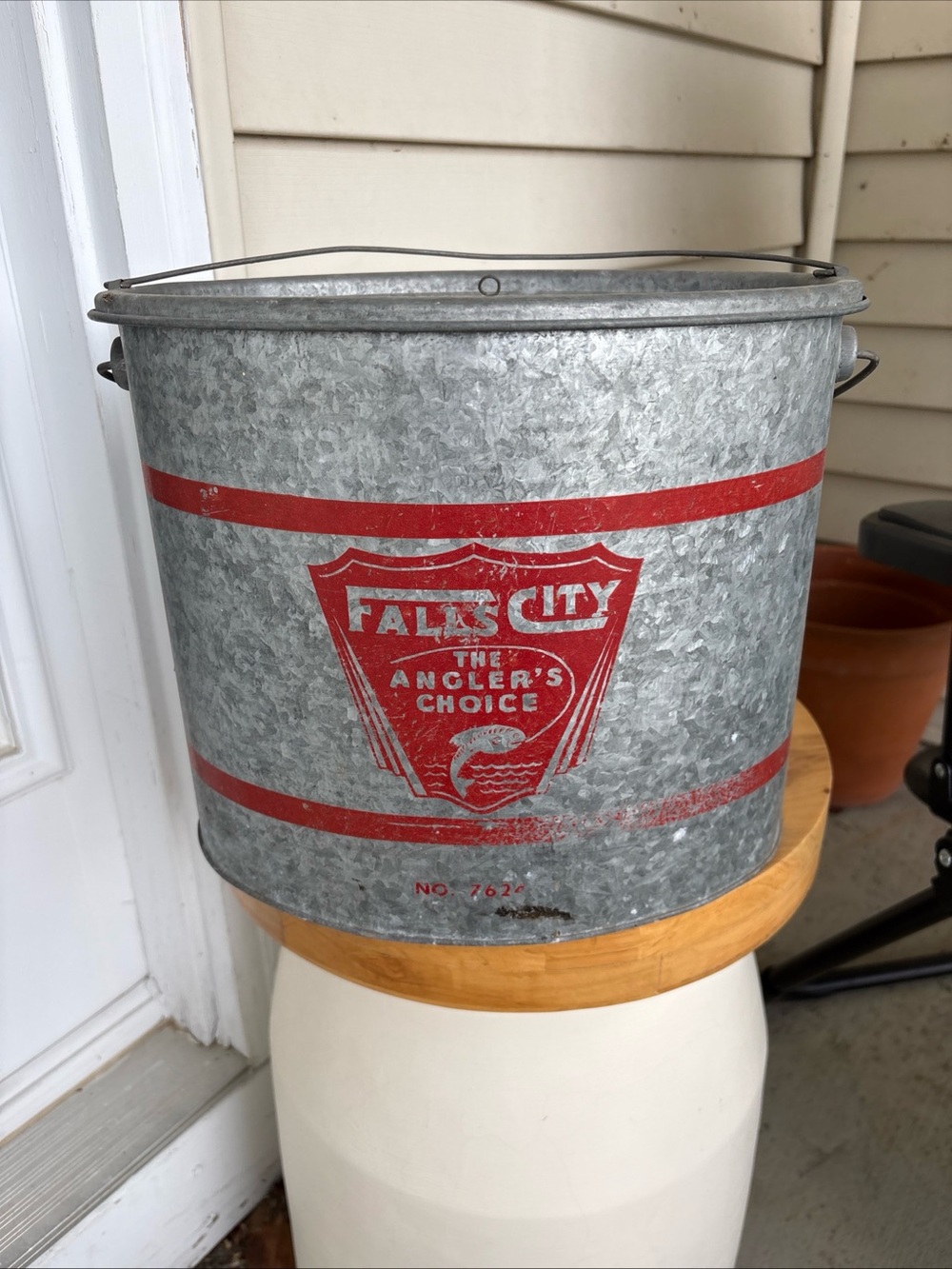 Galvanized Metal Bucket with Red Accent